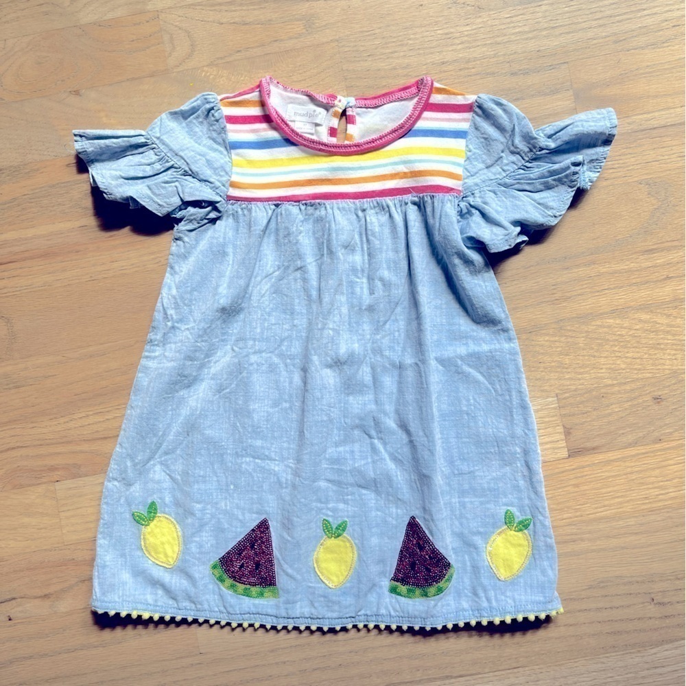 Mud Pie Denim dress rainbow stripe lemon watermelon flutter sleeve size 3T